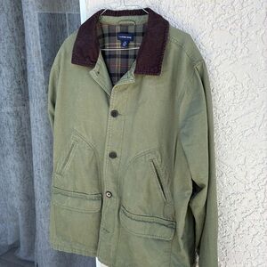 Lands' End Men's Green chore coat Jacket with Brown Collar
